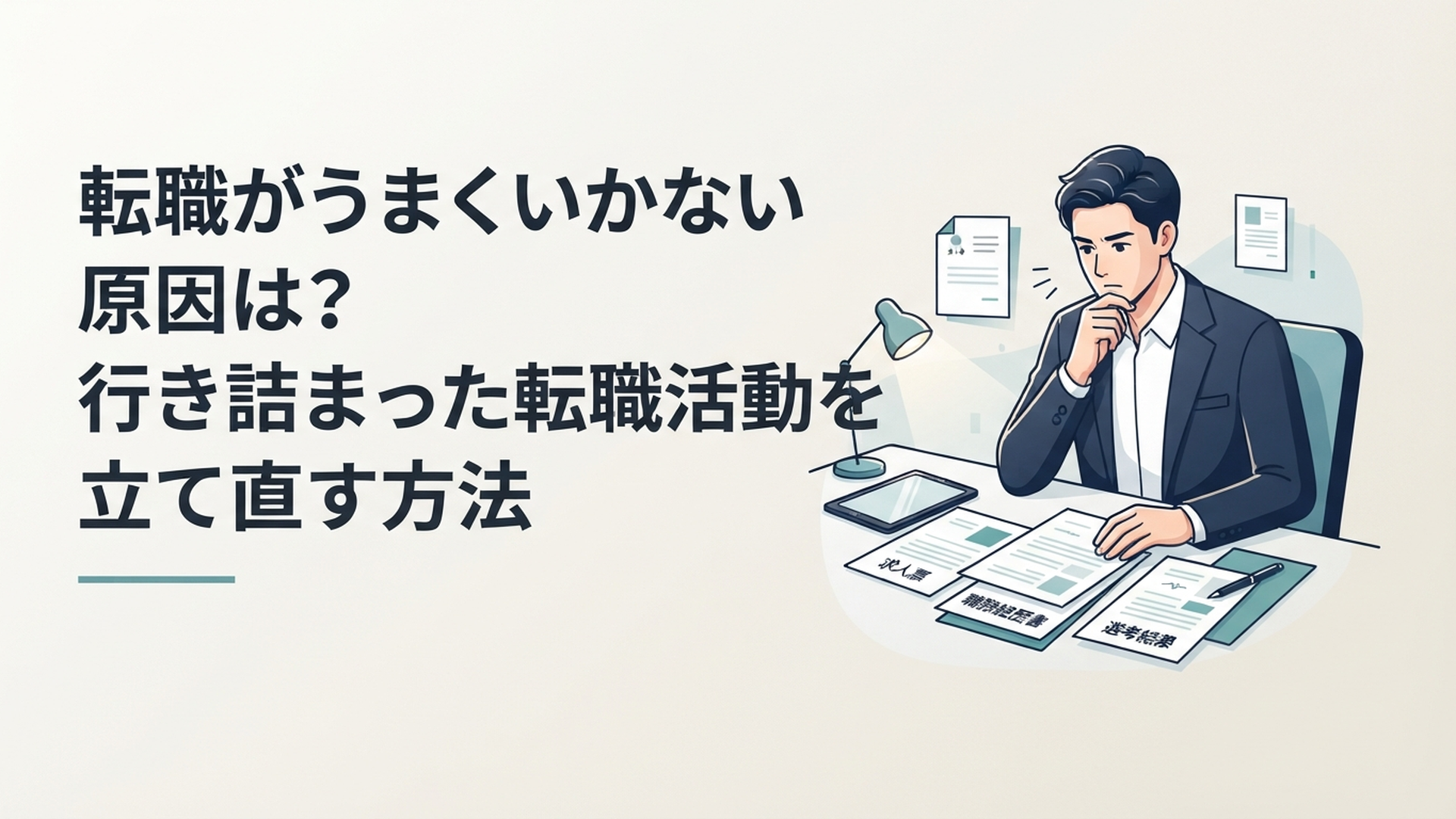 転職活動に行き詰まり、求人票と職務経歴書と選考結果を並べて原因を整理している会社員