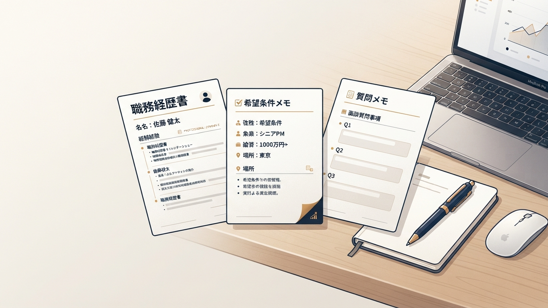 職務経歴書と希望条件メモと質問メモを並べた面談準備のデスク