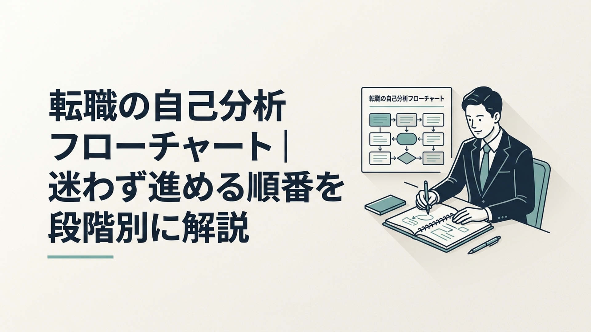 転職の自己分析フローチャートをノートに描き9項目を順番に整理する会社員