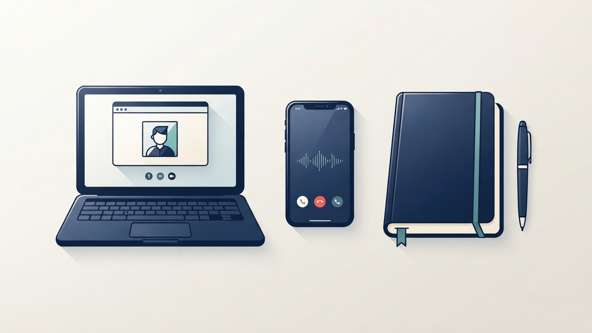 オンライン面談用のノートPCと電話面談用スマートフォンと対面用メモ帳
